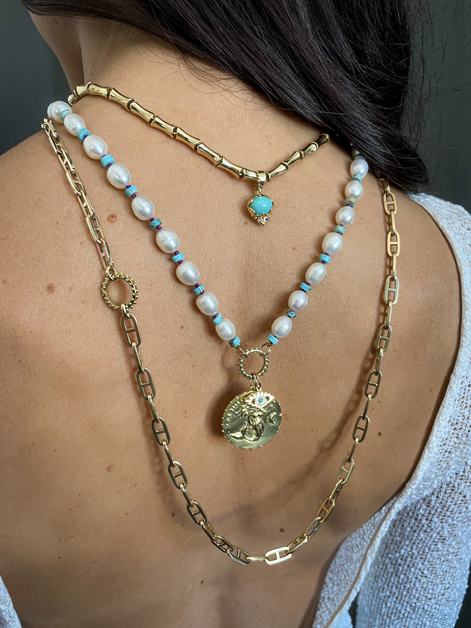 Boheme Grande Marine Chain by Delphine Leymarie shown as an open chain worn without clasp and closed with a Boheme Clicker at the back