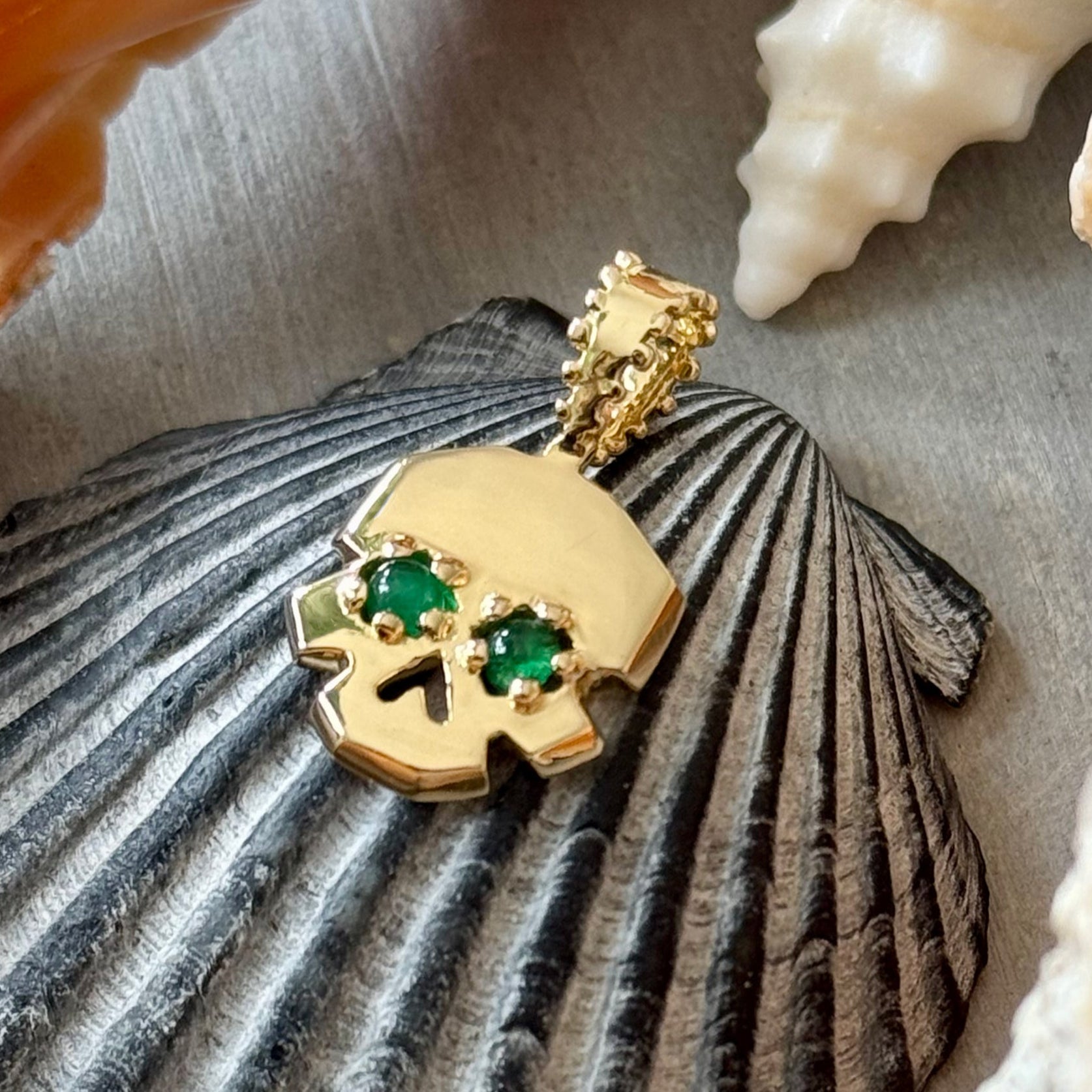Solid 18k yellow gold Facette Skull Charm with Emerald Eye cabochons on Shells ready to ship