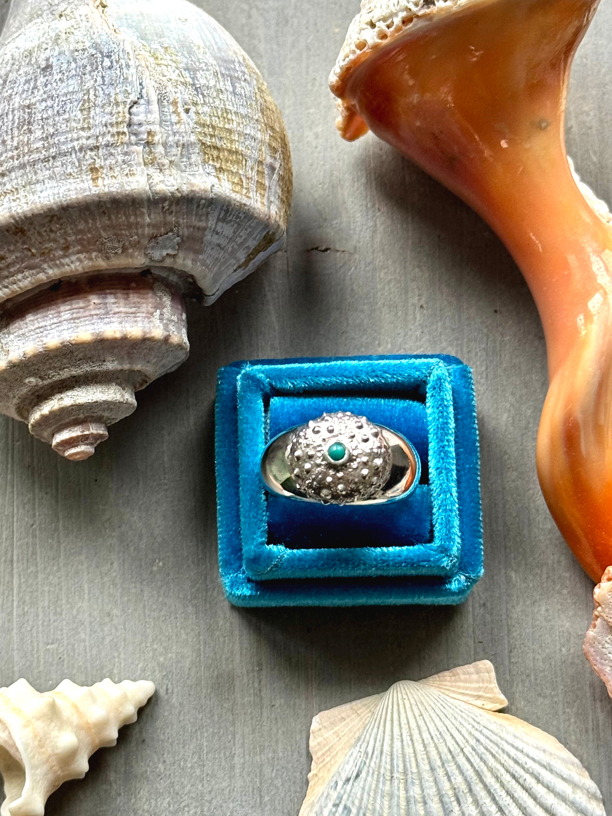 turquoise Sea Urchin Ring on blue velvet ring box, bold silver spikes symbolizing protection and resilience.