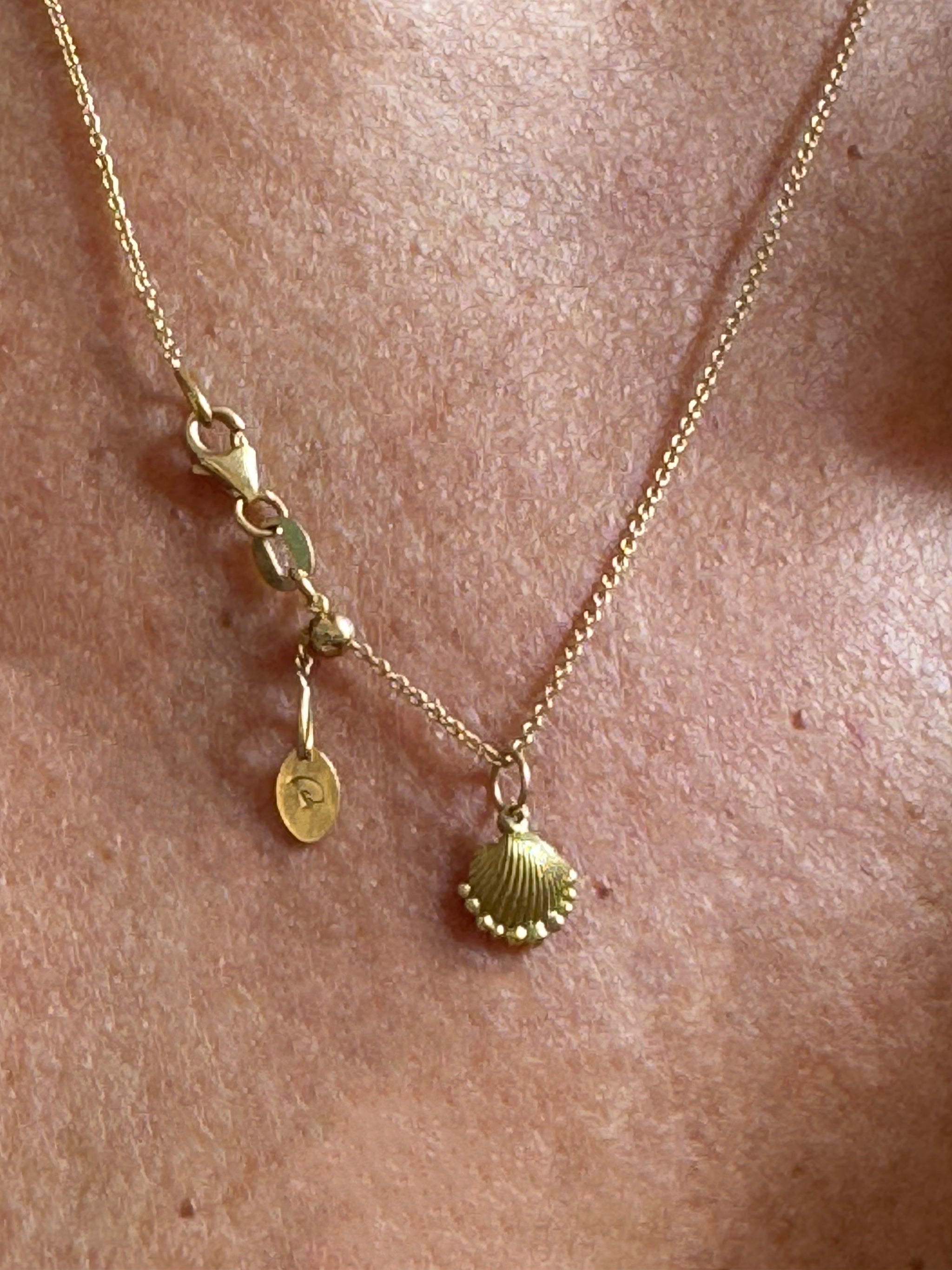 Detail of 18k recycled gold sliding bead cable chain by Delphine Leymarie, adjustable length shown with Petite Shell charm.
