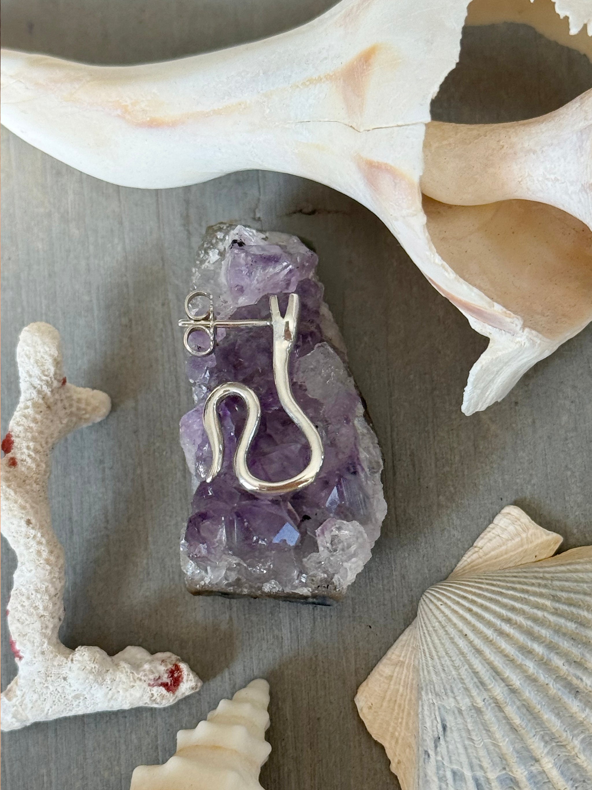 Solid silver Snake Hoop hand carved by Delphine Leymarie with Amethyst and Shells