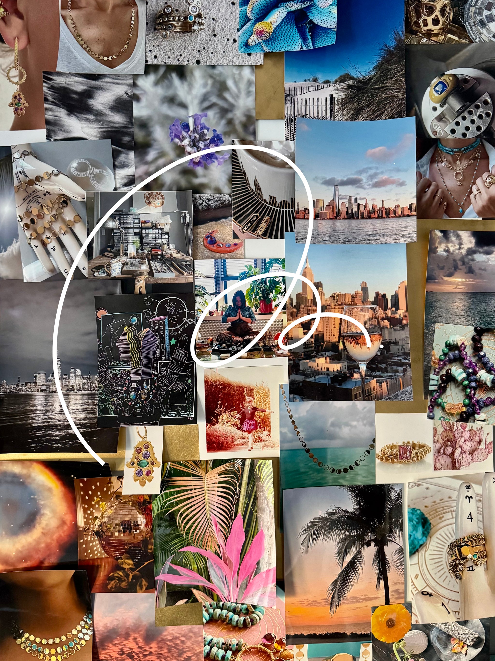 Mood board collage by Delphine Leymarie featuring her signature and layered inspirations: symbolic jewelry, natural textures, NYC skylines, gemstones, and spiritual motifs. A visual story of talismanic creation and mindful luxury.