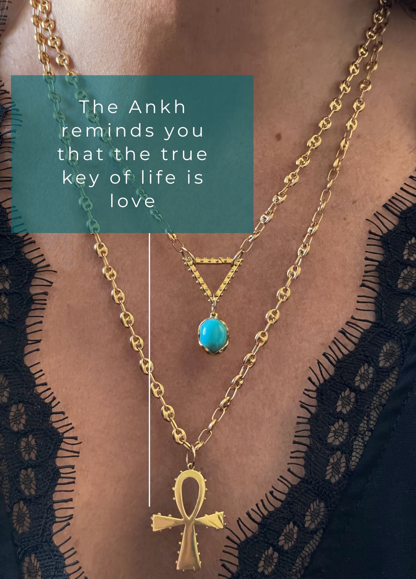 Layered Symbolic 18k recycled Gold necklace with an Ankh pendant and turquoise Lotus talisman on gold Anchhor chain